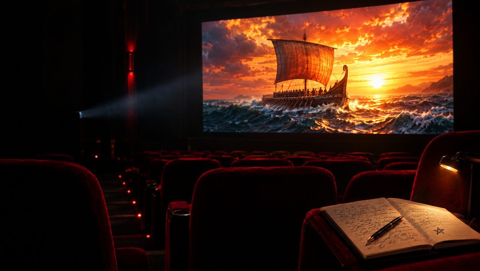 Salle de projection vide : à l'écran, une galère antique sur une mer déchaînée au coucher du soleil ; au premier plan, le carnet ouvert d'un critique marqué d'une seule étoile.