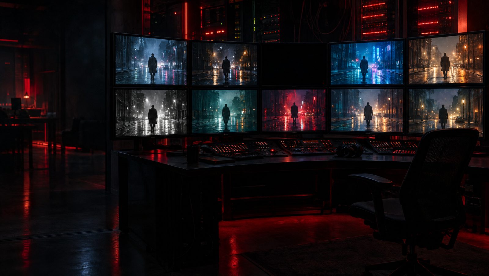 Régie de post-production la nuit : un mur d'écrans montre la même scène de film rendue dans des styles différents, et l'un des écrans est éteint.