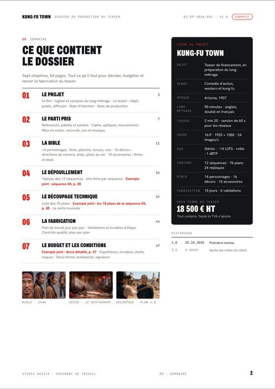 Sommaire en sept chapitres et fiche du projet