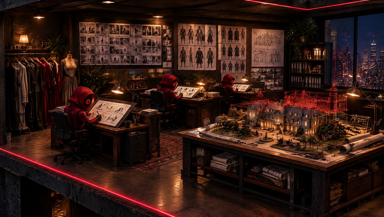 L’atelier de préparation : de petits robots rouges dessinent des planches, un portant de costumes, et la maquette d’un manoir surmontée de son double en fil de fer