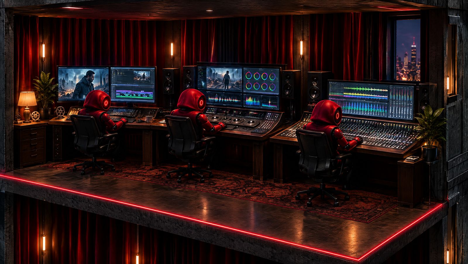 La postproduction : trois robots rouges au montage, à l’étalonnage et à la console de mixage, entre des rideaux de velours rouge