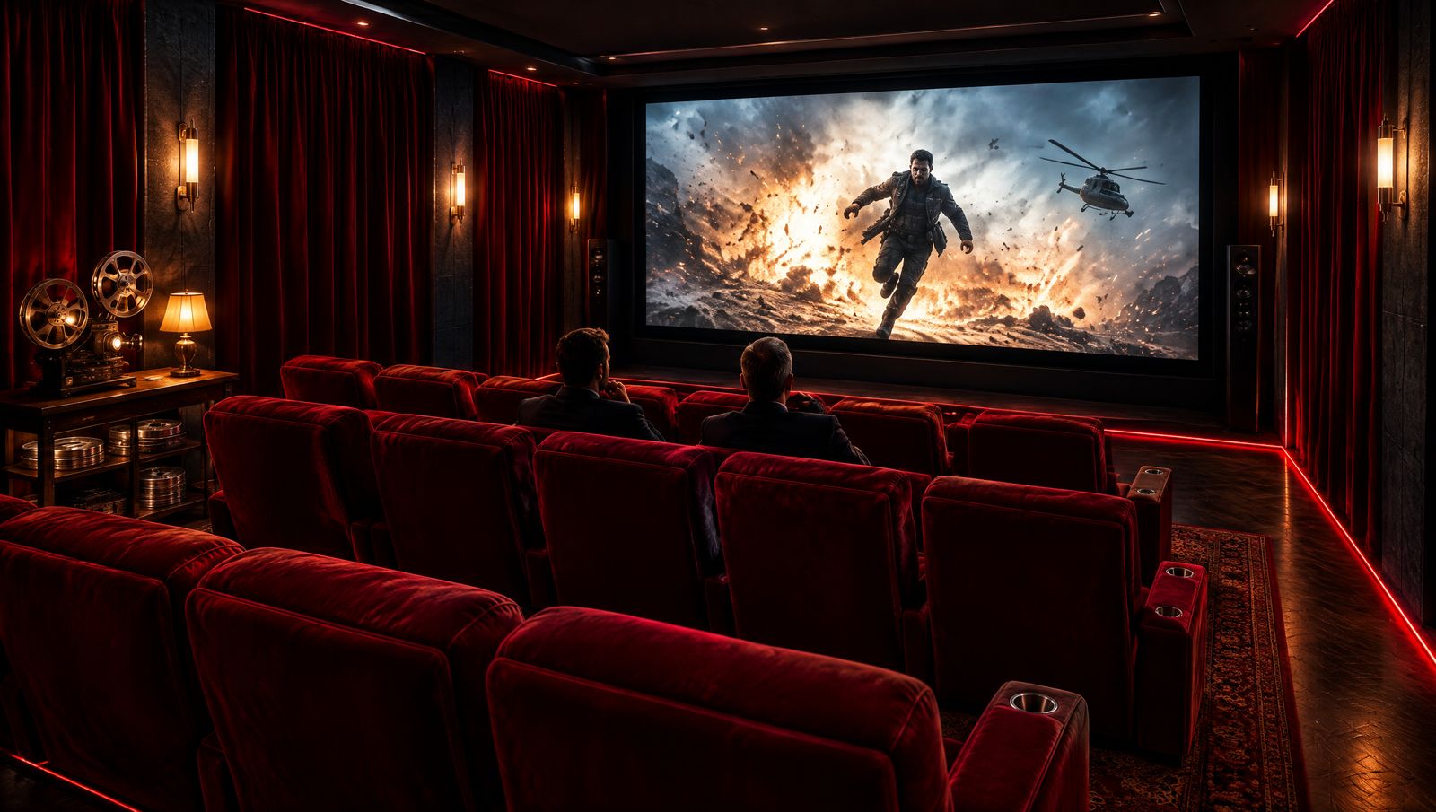 La salle de projection : fauteuils de velours rouge, rideaux rouges, et sur l’écran une scène d’action avec une explosion et un hélicoptère