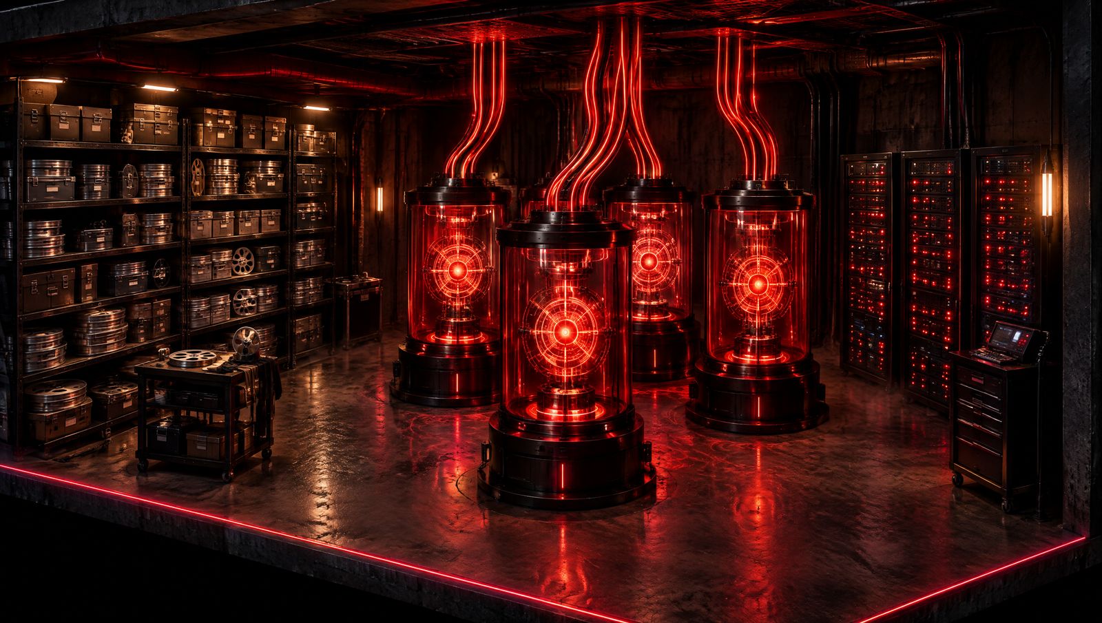 Le sous-sol : des rayonnages de bobines et d’archives, des baies de serveurs et quatre colonnes de verre rouges reliées par des câbles qui montent vers les étages