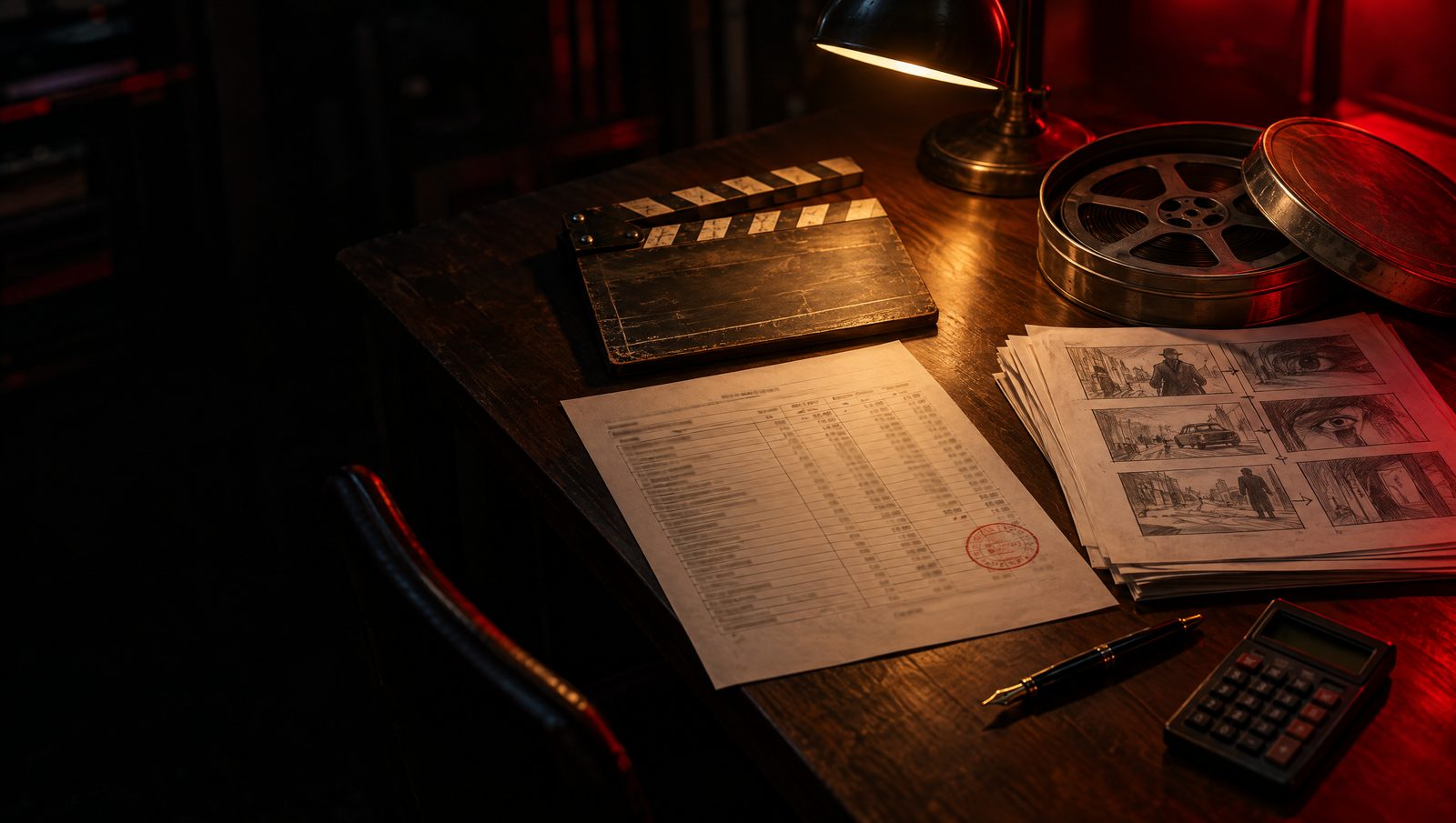 Bureau de producteur la nuit : un devis tamponné en rouge, un clap, des planches de storyboard, une bobine de film et une calculatrice.