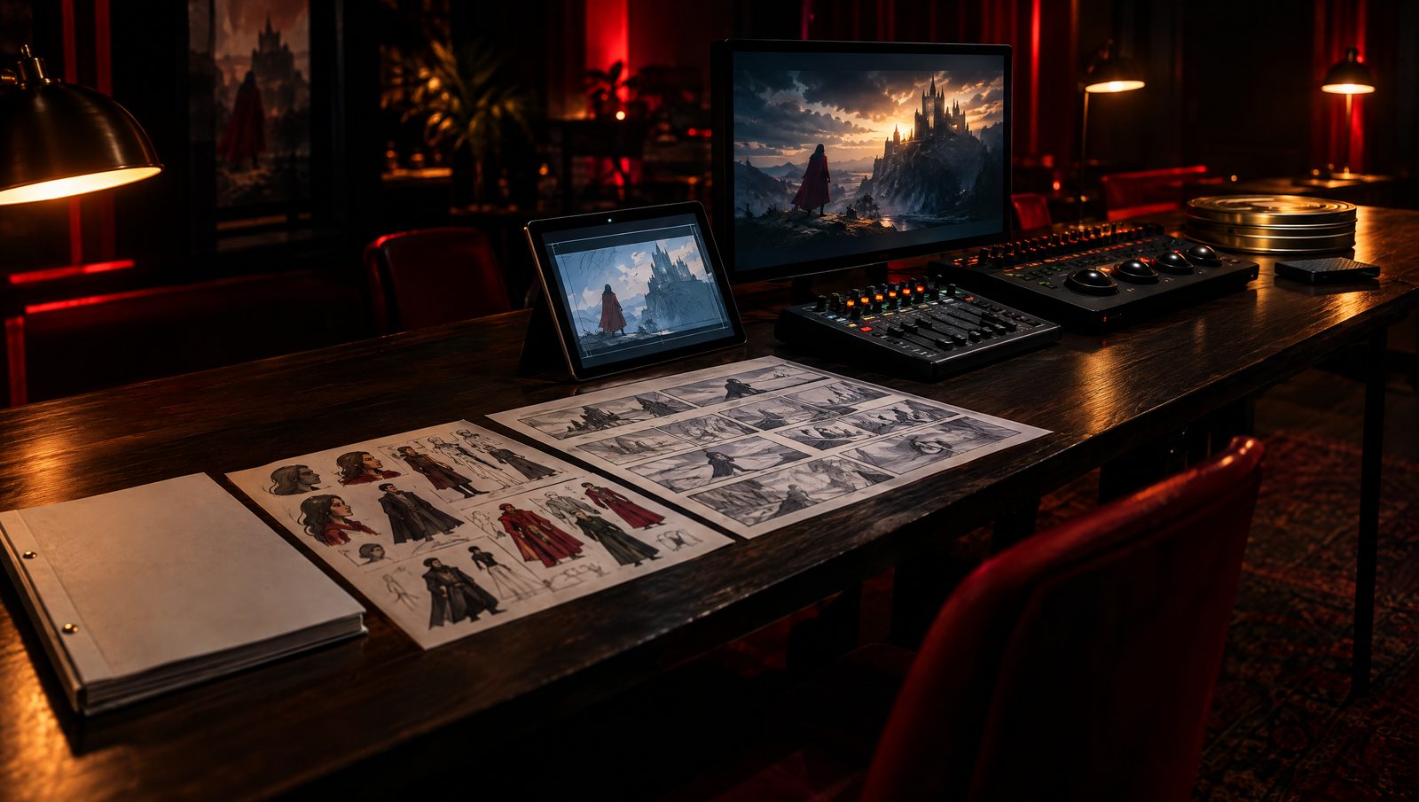 Une longue table où s'étale la fabrication d'un film : le scénario relié, les planches des personnages, le storyboard, un plan fini à l'écran, la console de mixage, le pupitre d'étalonnage et le master.