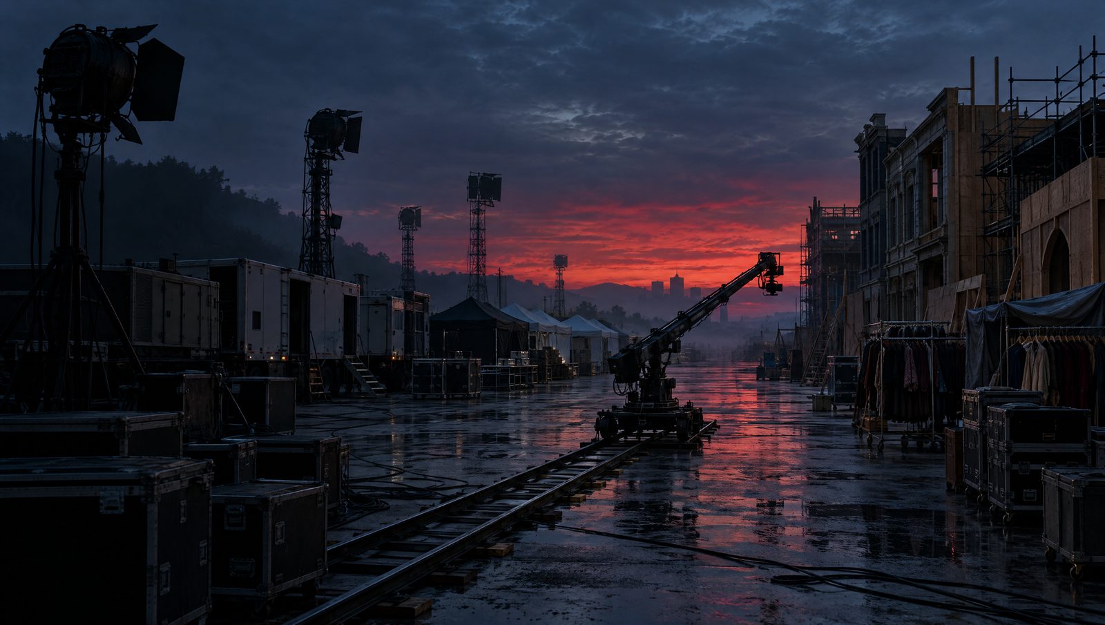 Un grand plateau de tournage désert à la tombée du jour : projecteurs éteints, grue sur rails, camions, caisses de matériel et décors en contreplaqué.